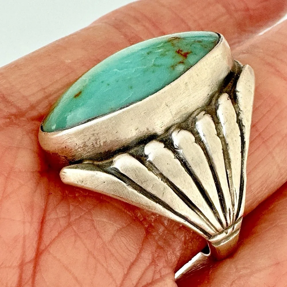Big Navajo Mens Turquoise Ring Sz 10 Sterling Signed R Fans 24g Handmade Native